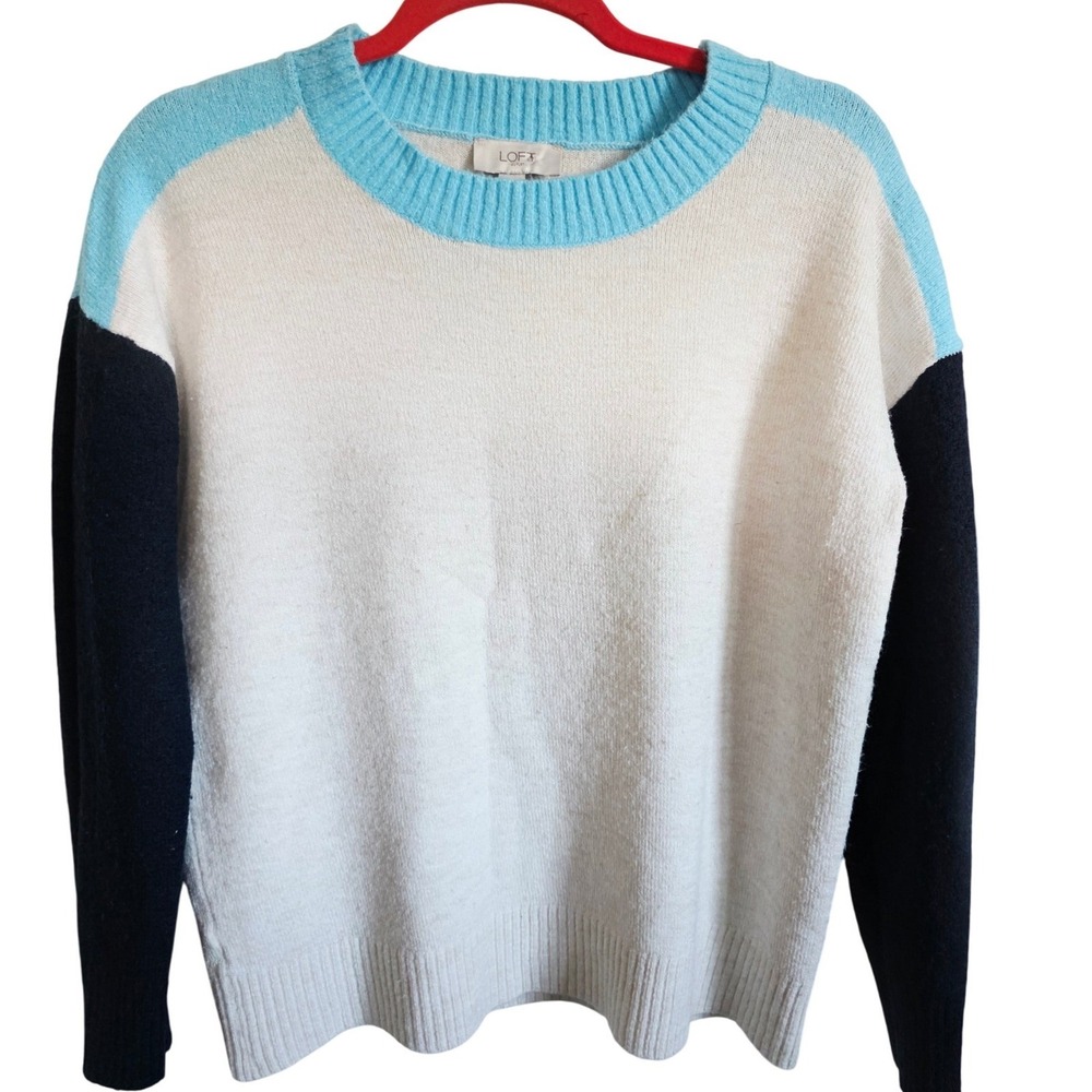 LOFT S Colorblock‎ Knit Sweater Crew Neck Long Sleeve Cream Blue Black Women's - Picture 4 of 11